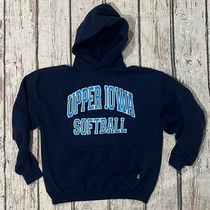 Vintage Upper Iowa Softball Russell 1990s Hoodie Pulloveer Blue Sweatshirt